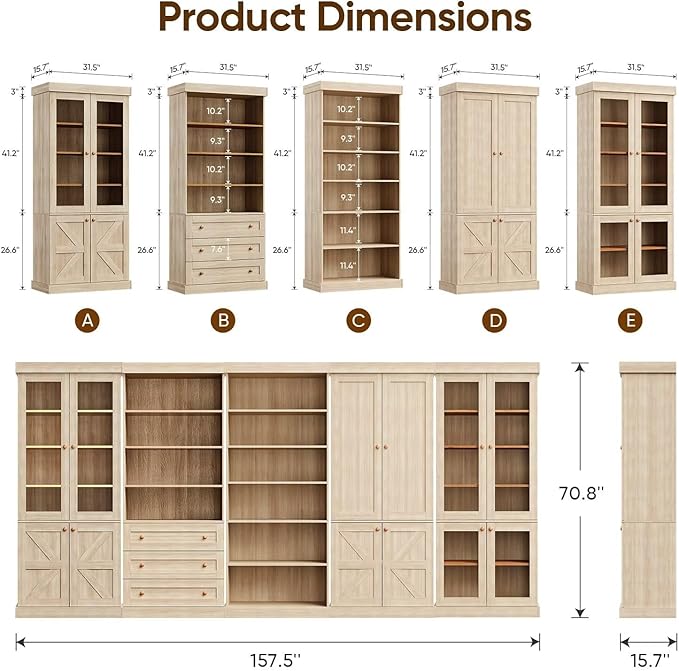 70.8" Tall Farmhouse Bookshelf with Glass Doors, Modular Bookcase with 6-Tier Adjustable Shelves, Large Storage Cabinet for Kitchen, Living Room, Brown, Set of 2