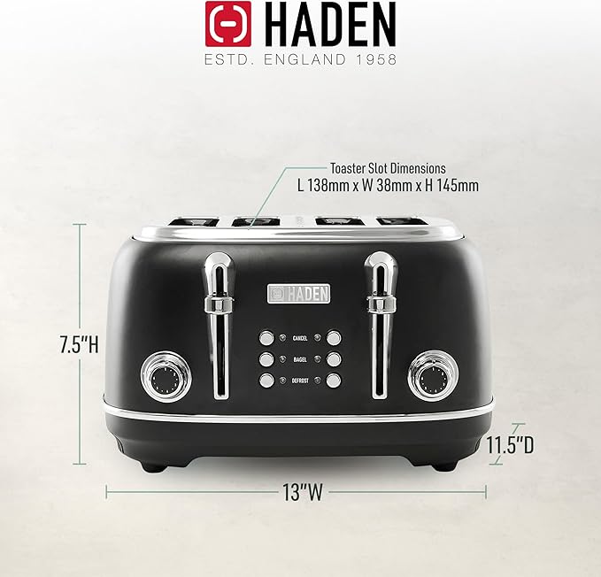 Haden Heritage 4 Slice Wide Slot Stainless Steel Toaster with Adjustable Browning Control & Non-Slip Feet, Black & Chrome