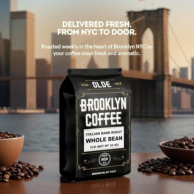 BROOKLYN COFFEE Whole Bean, Italian Dark Roast (2lb) Extra Strong, Delicious Taste, Heavenly Aroma - Fresh Bulk Coffee Beans Roasted Weekly in NYC