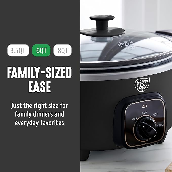 GreenLife 3.5QT Slow Cooker, Non-Toxic PFAS-Free Ceramic Nonstick Removable Interior Bowl, Programmable, Keep Warm, Stovetop & Oven Safe, Dishwasher Safe Parts, Glass Lid, Black