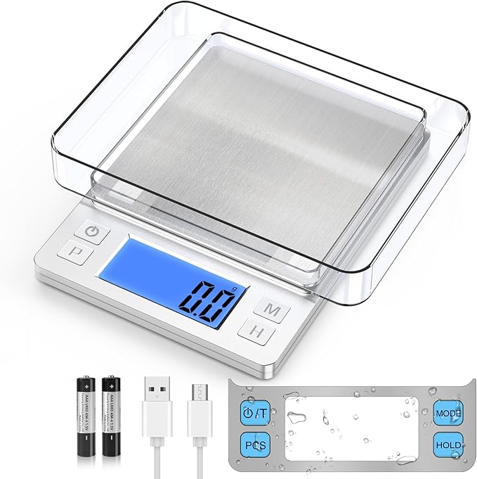 BOMATA Upgraded Small Food Scale, 0.1 g/0.001 oz High Precision, 3000 g/6.6 lb, with New Hold Function and Larger Display, USB Rechargeable, Digital Kitchen Scale for Small Item, Jewelry. Sliver