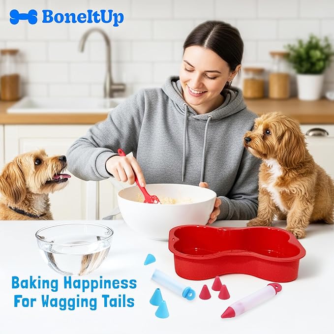 BoneItUp Dog Birthday Cake Kit - Bake Birthday Cakes for Dogs - Dog Party Supplies Set with - Large Cake Mold, 3 Vet-Backed Cake Recipes, 2 Drawing Pens, 10 Balloons, Birthday Hat & Bow