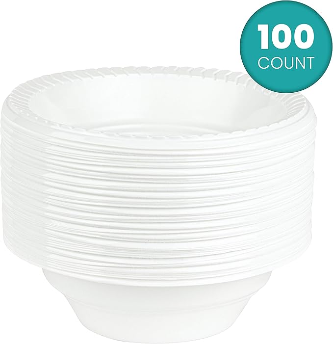 PLASTICPRO Round Plastic 12 ounce Bowls Microwaveable, Disposable, White, Dinnerware 100 Count