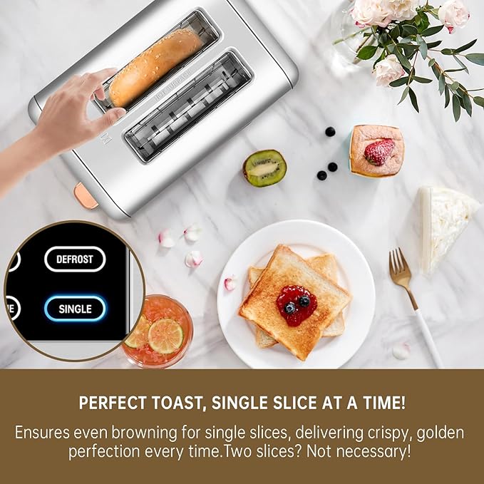 SEEDEEM Toaster 2 Slice, Real Touch Screen with LCD Display, Single-Slice Function, Stainless Steel Toaster, 50% Faster Heating, 1.5" Wide Slots, Removable Crumb Tray, 1350W, Silver Metallic