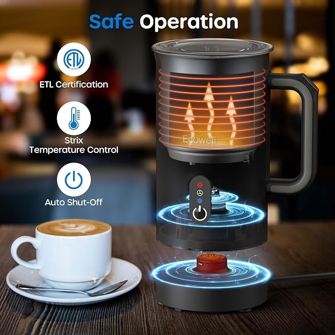 ECOWELL Automatic Milk Frother Heater Milk Boiler, 4 in 1 Electric Coffee Steamer for Heating Milk, Warm and Cold Foam, Coffee Latte, Macchiato, Cappuccinos, Hot Chocolate WMMF01, 8.1oz/240ml,Black