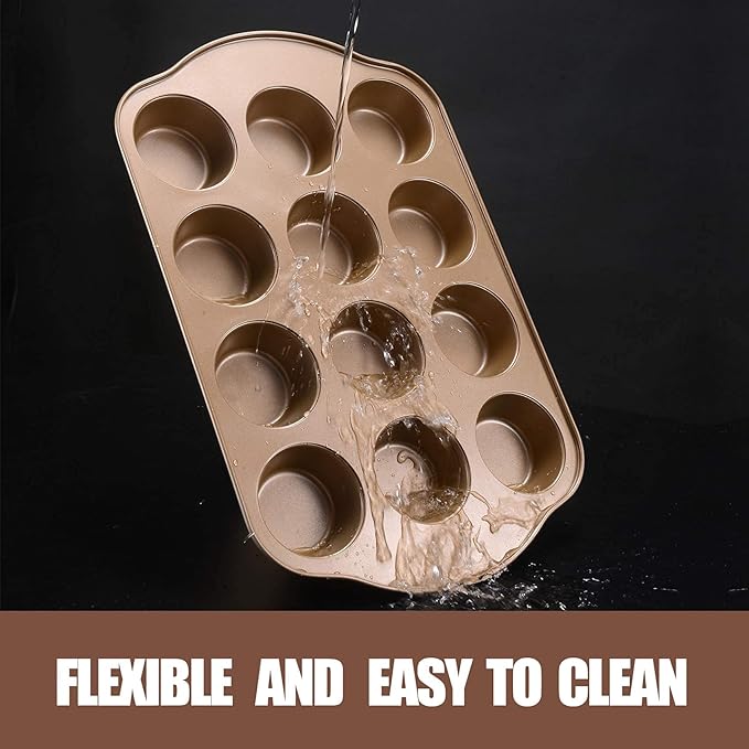 Nonstick Muffin & Cupcake Pan Set (2 Pack) - 12 Cup Regular + 24 Cup Mini Muffin Tins | Heavy Duty Gold Carbon Steel, Rust-Resistant, Easy Release