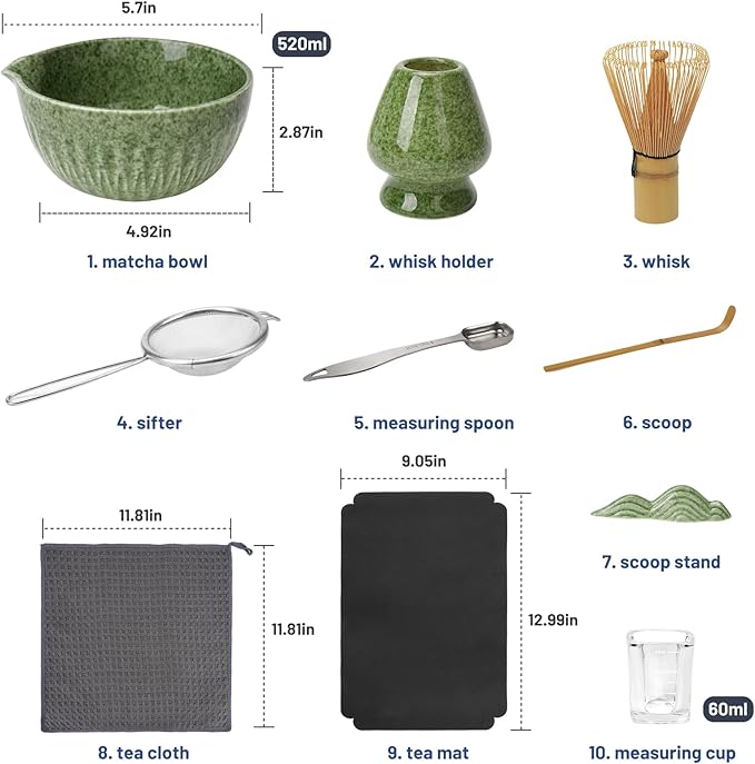 10-Pcs Matcha Kit Set, Whisk and Bowl with Spout & Measuring Spoon, Japanese Tea Making Tools, Complete Matcha Gift Set for Starter, Mottled Green