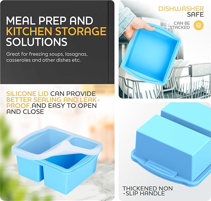 Silicone Freezer Trays with Lids, Set of 2 - with 1cup and 2 cupSilicone Freezer Molds for freezing soups, sauces and individual servings of lasagna, casseroles, dishwasher and microwave safe