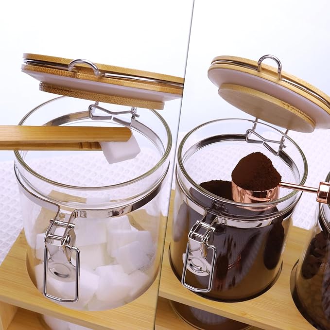 Glass Coffee Storage Containers with Bamboo Shelf,Ground Coffee Holder Jars,Airtight Glass Countertop Storage Jar Canisters with Spoon for Coffee,Loose Tea,40 Fluid-oz,Pack of 3