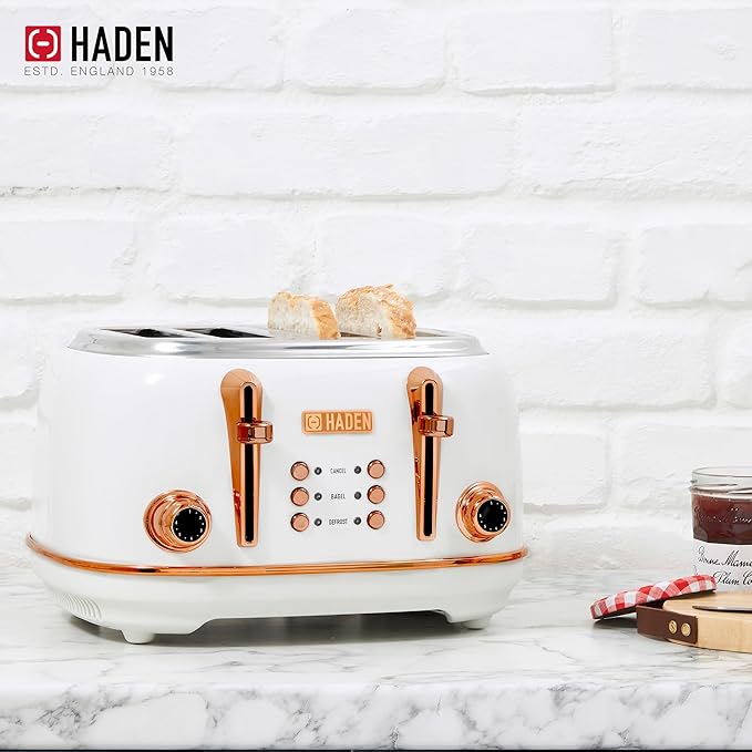 Haden Heritage 4 Slice Wide Slot Stainless Steel Toaster Bundled with 12 Cup Programmable Drip Coffee Maker Coffee Machine, Ivory & Copper