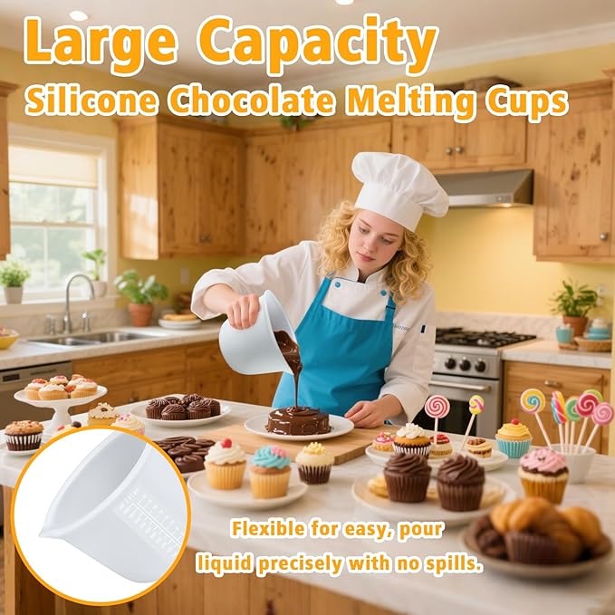 Palksky Silicone Cups for Melting Chocolate, 2PCS Chocolate Melter Set (600ml & 1000ml), Chocolate Melting Pot for Dipping & Melting Chocolate, Reusable Baking Supplies for DIY Chocolate Molds