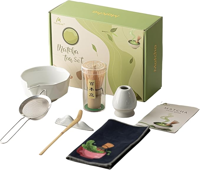 7 PCS Matcha Whisk Kit with Bowl & Scoop, Bamboo Whisk and Sifter, Traditional Japanese Tea Set for Matcha Lovers – Complete Matcha Gift Kit (White)
