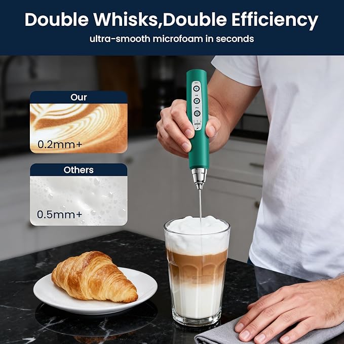 Milk Frother with Stand-Rechargeable Handheld Coffee Frother with 3 Stainless Whisks 3 Speed Adjustable, Electric Whisk Drink Mixer, Foam Maker Blender for Matcha Latte Cappuccino Chocolate