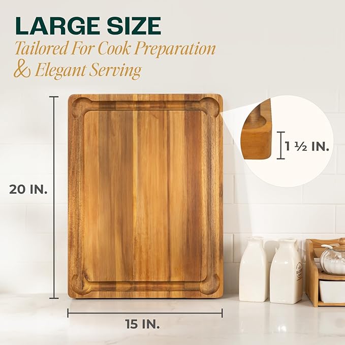 Yes4All Durable Acacia Cutting Boards for Kitchen, [20''Lx15''Wx1.5” Thick] Large Edge Grain Cutting Board, Pre Oiled Wood Cutting Boards, Thick Chopping Board w/Juice Grooves and Easy Grip Handle