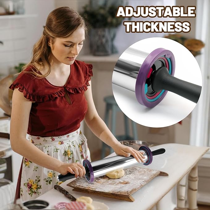 SHIKORI Rolling Pin,Adjustable Rolling Pin with Thickness Rings, Stainless Steel Dough Roller Baking Supplies for Pizza Pastry Fondant Pie Pasta-Red