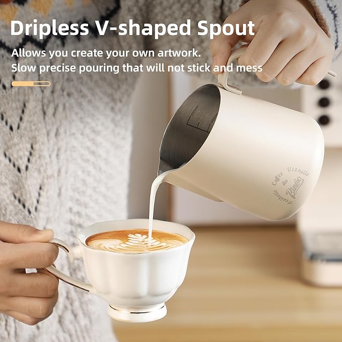Milk Frothing Pitcher 750ML - Espresso Steaming Pitcher with Large Handle and Scale,Stainless Steel Milk Frothing Cup for Cappuccino, Latte Art,Coffee Machine Accessories (White)