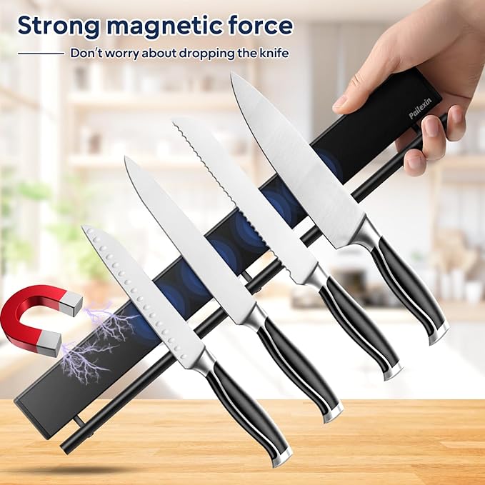 17 inch magnetic knife holder with 10 hooks, No Drilling black knife magnetic strip and utensil hanger for wall, Powerful knife magnet rack include tape and screws