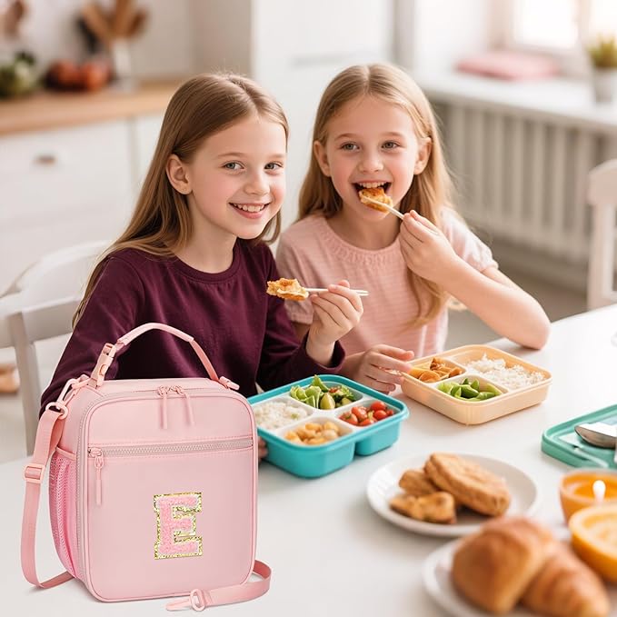 Initial Insulated Lunch Bag for Girls Kids, Back to School Gift, Reusable Leak-proof Lunch Box with Adjustable Strap for School Daycare Travel Picnic (Pink,E)