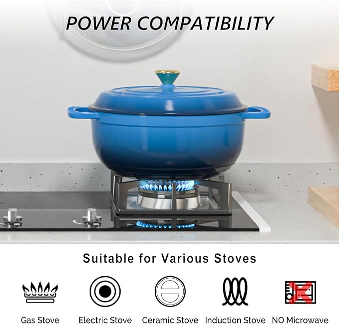 VINGLI 6QT Enameled Cast Iron Round Dutch Oven Pot with Lid, NonStick Casserole Pot with Dual Handles & Silicone GlovesRed, Oven Safe up to 500°F or on Stovetop, Dutch Oven for Bread Baking, Blue