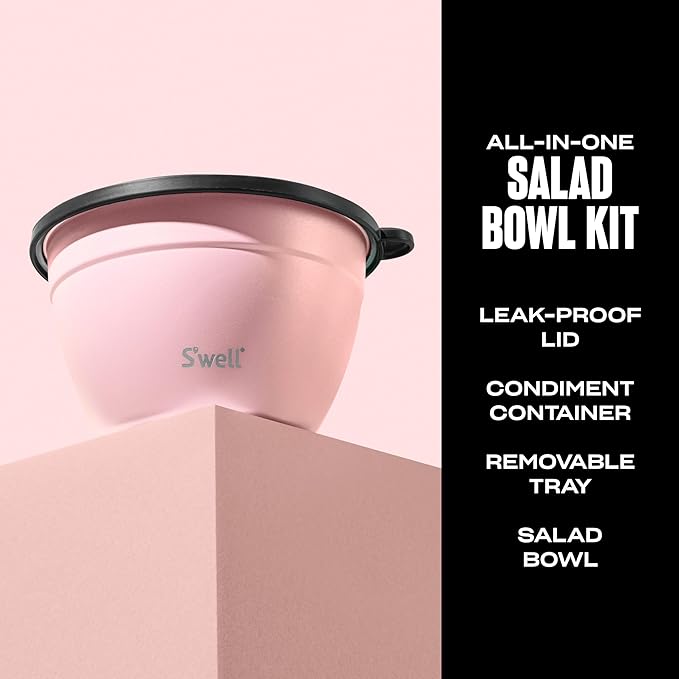 S’well Stainless Steel 64oz Salad Bowl Kit, Pink Topaz Color, Comes with 2oz Mini Canister and Removable Tray for Organization, Leakproof and Dishwasher Safe