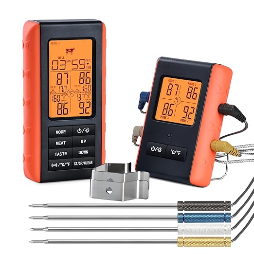 Wireless Meat Thermometer for Grilling and Smoking, Food Thermometer for BBQ Smoker Oven Cooking Steak, Grill Thermometer for Outside Grill with 4 Meat Probes, Kitchen Timer