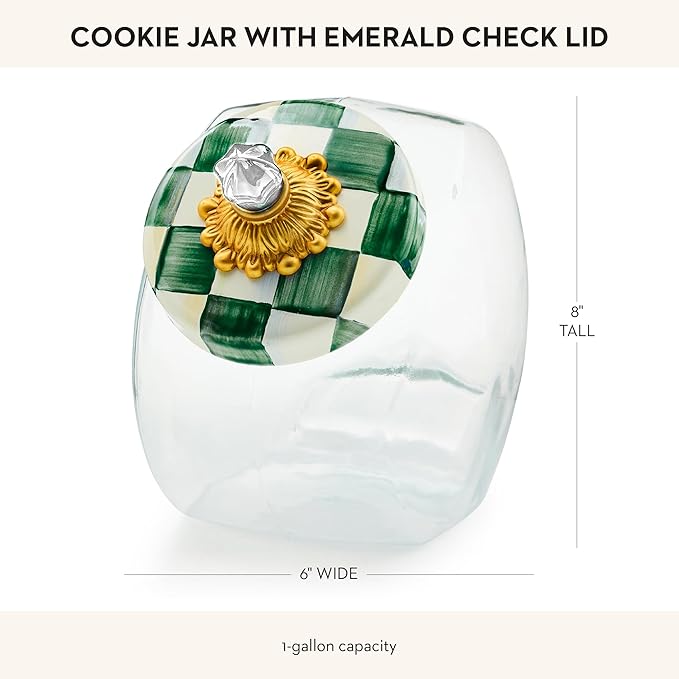 MACKENZIE-CHILDS Cookie Jar with Enamel Lid, Large Glass Treat Jar or Kitchen Jar, 1-Gallon Capacity, Green-and-White Emerald Check
