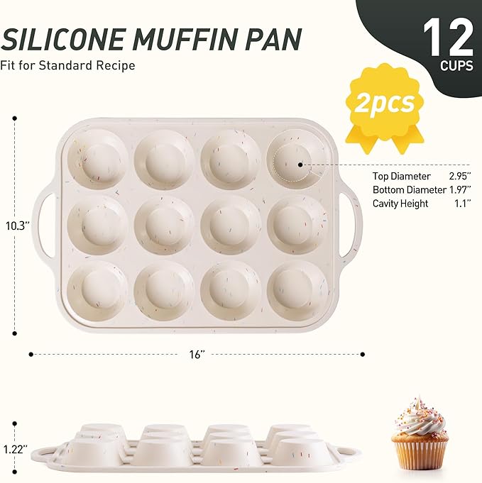 2 Packs 12 Cups Silicone Muffin Pan for Baking with Metal Reinforced Frame Regular Size Cupcake Pan Tray Chocolate Egg Pizza Bites Oven Top Cookie Molds Muffin Tin Tart Pans Sheet Set Bakeware Liner