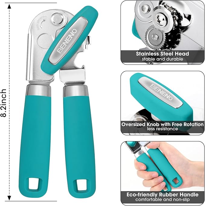 Beneno Heavy Duty Hand Can Opener Manual with Magnet, Durable Sharp Carbon Steel Blade Smooth Cutting, Big Effort-Saving Knob & Soft Grip Handle, Multifunctional Bottle Opener, Turquoise