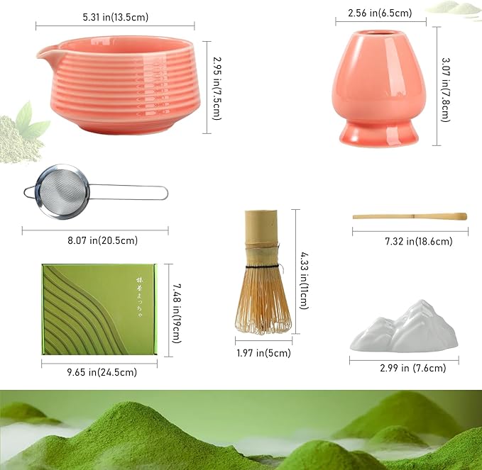 Matcha Whisk Set, Ceramic Matcha Set with Spout, Matcha Bowl Kit with Sifter, Whisk and Holder, Bamboo Scoop, Scoop Rest, Tea Towel, 7 Pcs Matcha Kit Set for Making Breakfast/Latte for Matcha Lovers