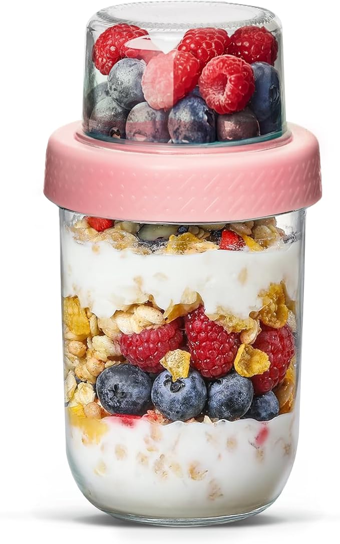 ComSaf Pink Overnight Oats Containers with Lids (16oz+4oz, 1Pcs), Glass Yogurt Parfait Cups for Cereal Nut Fruit, Dual-Layer Chia Pudding Jars with Dry and Wet Separation, Meal Prep, Glass for Salad