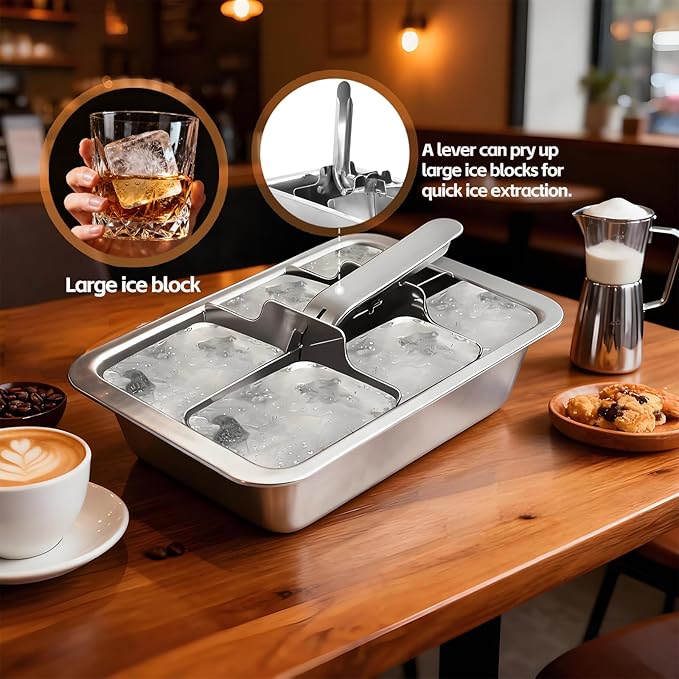 Stainless Steel Ice Cube Trays with Lever - 6 Large Cube Mold for Whiskey & Cocktails, Professional Heavy Duty Metal Freezer Tray, Non-Toxic & Easy Release for Kitchen & Bar Use