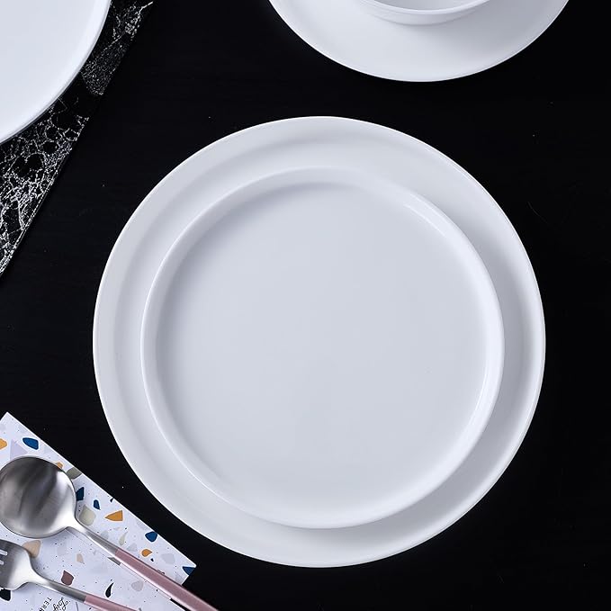 Stone Lain Madeline Bone China 16 Piece Dinnerware, Plates and Bowls Sets for 4, White Dish Collection with Mugs, Modern Edge, Microwave & Dishwasher Safe