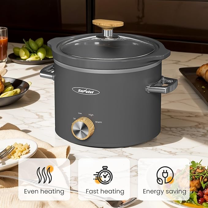 Sunvivi 2 Quart Slow Cooker, Small Slow Cooker with Removable Ceramic Pot, Slow Cookers Food Warmer with 3 Heating Settings & Dishwasher Safe Glass Lid, Grey
