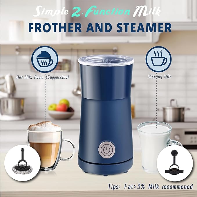 Huogary Milk Forther Simple Milk Frother and Steamer 2-in-1 Milk Steamer with Hot Milk Foam and Hot Milk for Latte, Macchiato, Cappuccinos, Blue