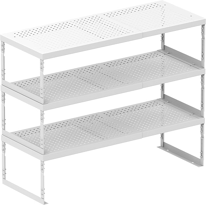 Stackable Expandable Metal Shelf Organizer - Adjustable Wire Storage Rack with Holes for Kitchen, Bathroom, Cabinet, Office - Space Saving, Durable & Sturdy Design（3PACKS/Large/White