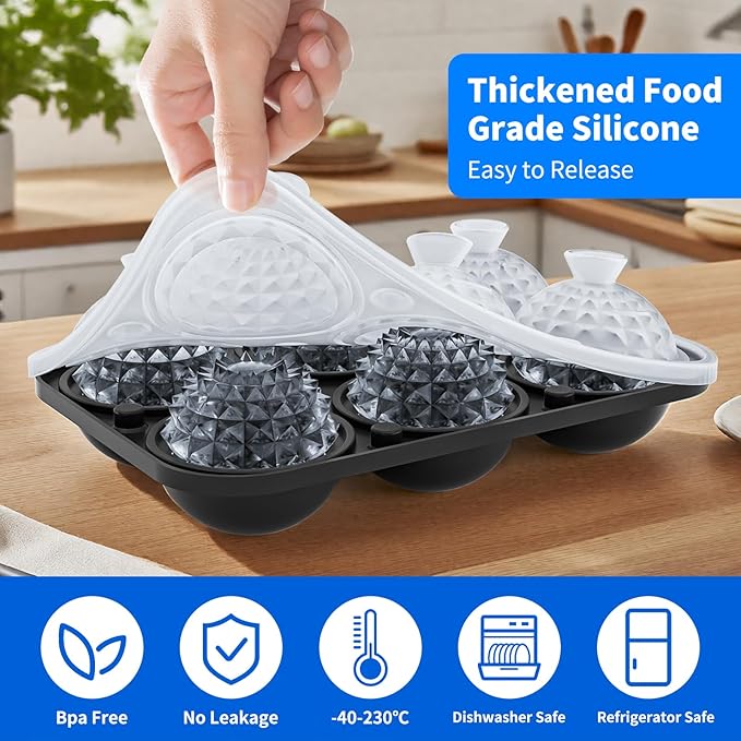 6 Chamber 1.83” 3D Crystal Round Ball Ice Cube Tray With Funnel,Large Circle Ice Molds Silicone Fun Shapes Whiskey Sphere Ice Tray,For Chilling Whiskey,Cocktails,Bourbon,Brandy and Beverages