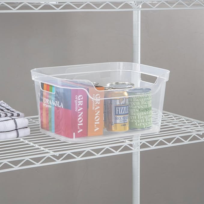 Sterilite 7 x 11 x 14.25 Inch Polished Open Scoop Front Storage Bin with Comfortable Carry Through Handles for Household Organization, Clear (18 Pack)
