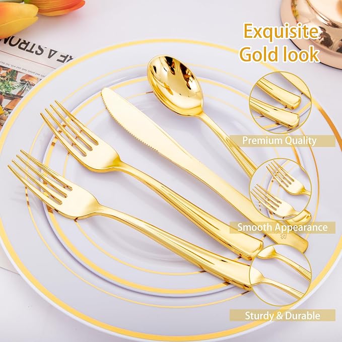 NOCCUR 400PCS Gold Plastic Silverware - Gold Plastic Cutlery Include 200 Forks, 100 Spoons, 100 Knives, Disposable Silverware Perfect for Party&Daily Using