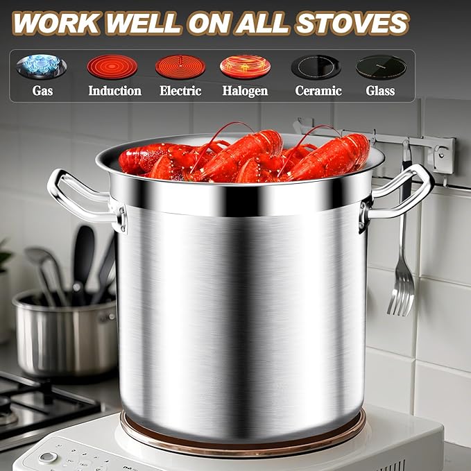 Large Stock Pot - 20Qt Brushed Stainless Steel Stock Pot With Lid - Heavy Duty Induction Commercial Grade Stockpots for Soup, Stew, Oven, Gas, Ceramic, and Dishwasher Safe