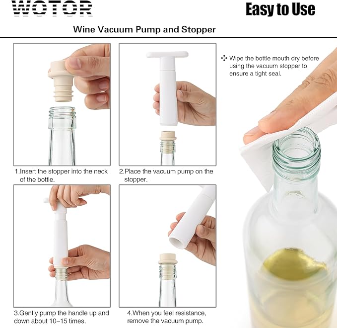 WOTOR Wine Saver Vacuum Pump with 20 Stoppers, Wine Stopper & Preserver, Reusable Bottle Sealer Keeps Fresh, Ideal Accessories Gift, Flat Handle (White)