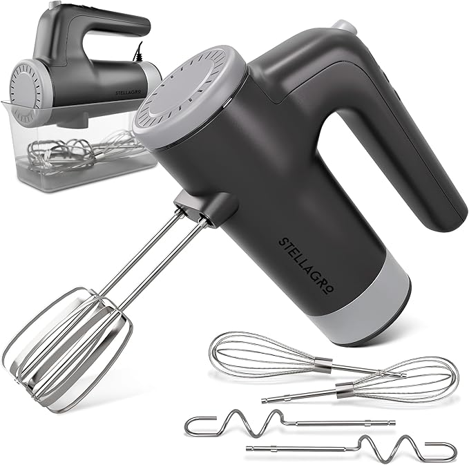 Electric Hand Mixer 9 Speed with Stainless Steel Whisk, Flat Beater & Dough Hook, Snap Storage Case, Compact Lightweight 350 W Powerful handheld mixer for Baking & Cooking, Gray