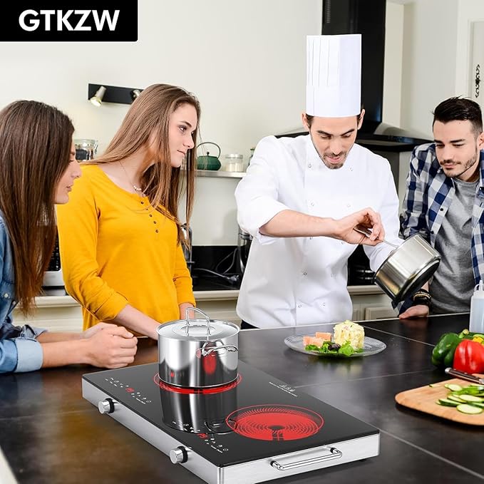 2 Burner Electric Cooktop, 110V 2400W Electric Stove Top, 24 Inch Hot Plate with Knob Control, Kids Lock & Timer, 9 Power Levels, LED Touch Control