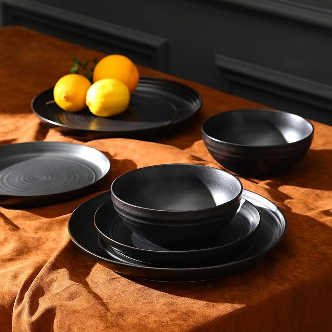 Stone Lain Elio 24-Piece Dinnerware Set Stoneware, Plates and Bowls Set, Dish Set for 8, Black