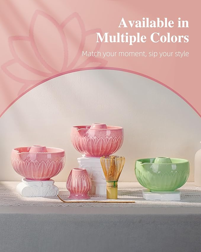 ZENS Pink Matcha Kit, 6pcs Matcha Whisk Set Includes 15oz Pink Bowl, Chasen Holder, Bamboo Whisk & Scoop, 304 Sifter & Tea Mat, Japanesse Matcha Set for Matcha Latte-Making
