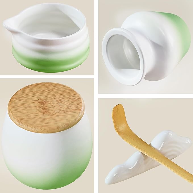 Matcha Whisk Set, Green Matcha Kit, 8 Pcs Matcha Set Includes Matcha Bowl with Spout, Matcha Whisk and Holder, Ceramic Tea Caddy, Bamboo Scoop, Scoop Rest, Sifter and Tea Towel, Gift for Tea Lover