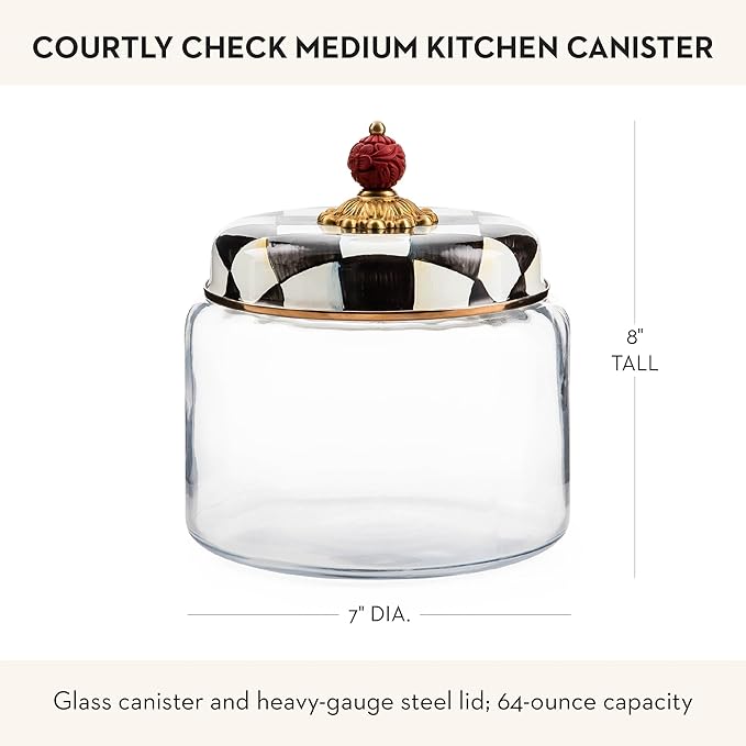 MACKENZIE-CHILDS Courtly Check Kitchen Canister, Decorative Black-and-White Glass Storage Jar with Lid, Medium