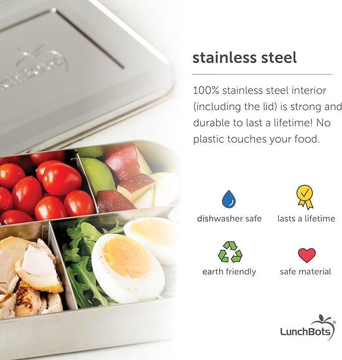 LunchBots Medium Trio II Snack Container - Divided Stainless Steel Food Container - 3 Sections for Snacks On the Go, Dishwasher Safe - Stainless Steel