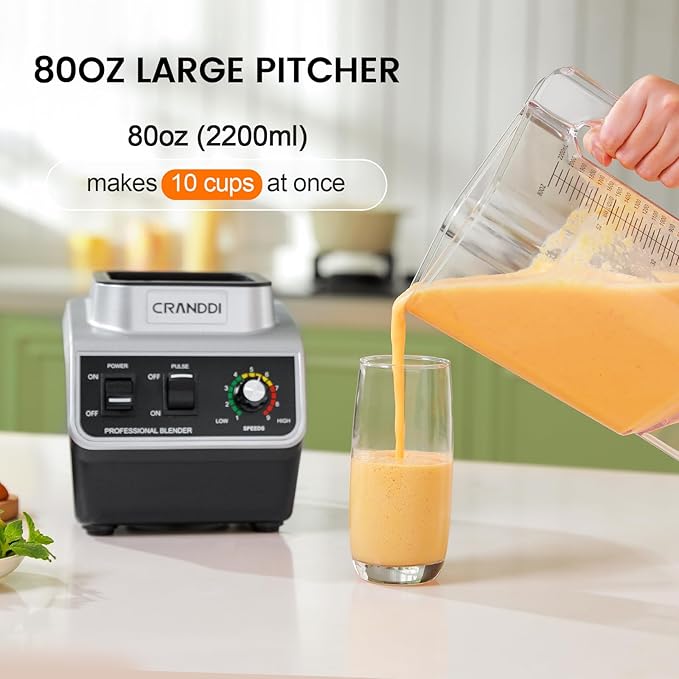 CRANDDI Professional Commercial Blender, Max 1500W, 80oz Pitcher, Powerful Blender with Tamper for Smoothie, Ice Crushing, Variable 9 Speeds Control,110V, K96, Black