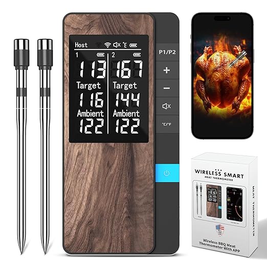 Wireless Meat Thermometer-Multi Sensors Digital Food Thermometer with Ultra-Thin Probes, Accuracy Smart Bluetooth Meat Thermometer for Steak, BBQ, Oven, Grill, Smoker,Recipes in App & Host