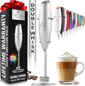 Zulay Kitchen Powerful Double Whisk Milk Frother Handheld - Foam Maker With Stand - Whisk Drink Mixer for Coffee, Mini Foamer for Latte, Matcha, Frappe, Hot Chocolate & Cappuccino (Silver)